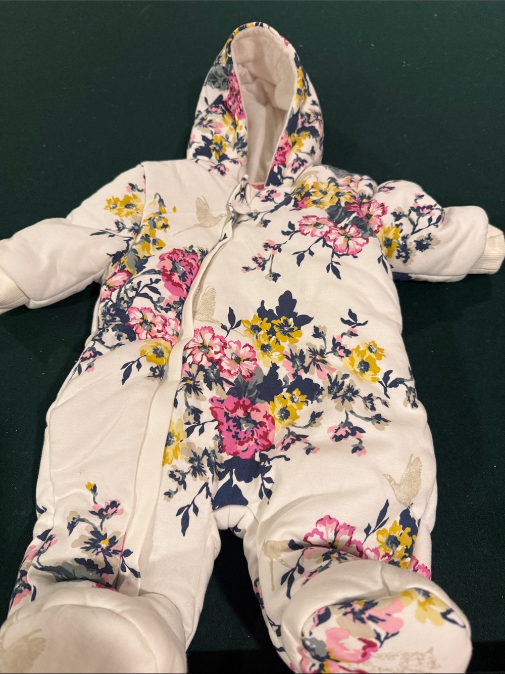 Floral Hooded Baby One-Piece snowsuit. White with Pink & Yellow Floral